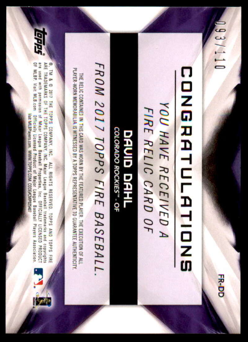 David Dahl Rookie Card 2017 Topps Fire Relics #FRDD  Image 2