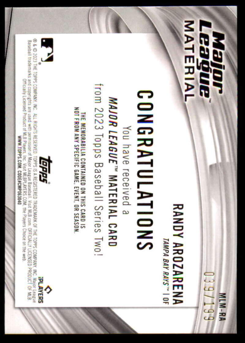 Randy Arozarena S2 Card 2023 Topps Major League Materials Black #MLMRA  Image 2