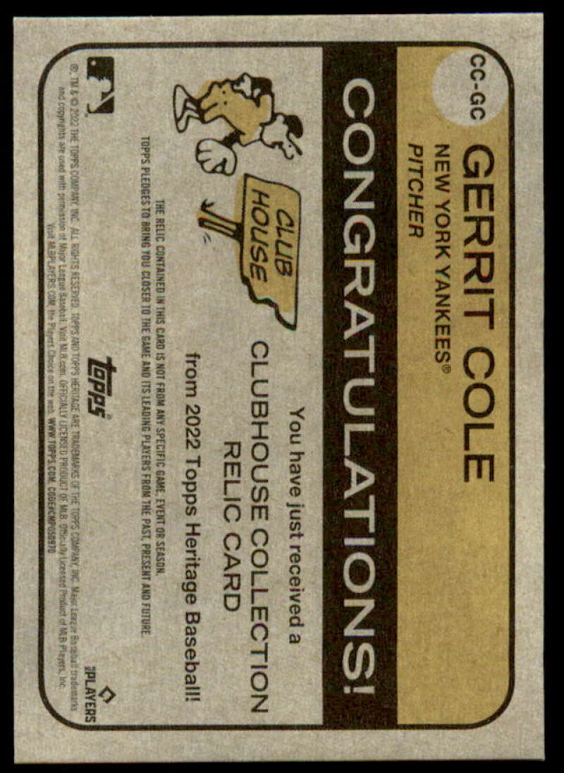 Gerrit Cole Card 2022 Topps Heritage Clubhouse Collection Relics #CCGC  Image 2