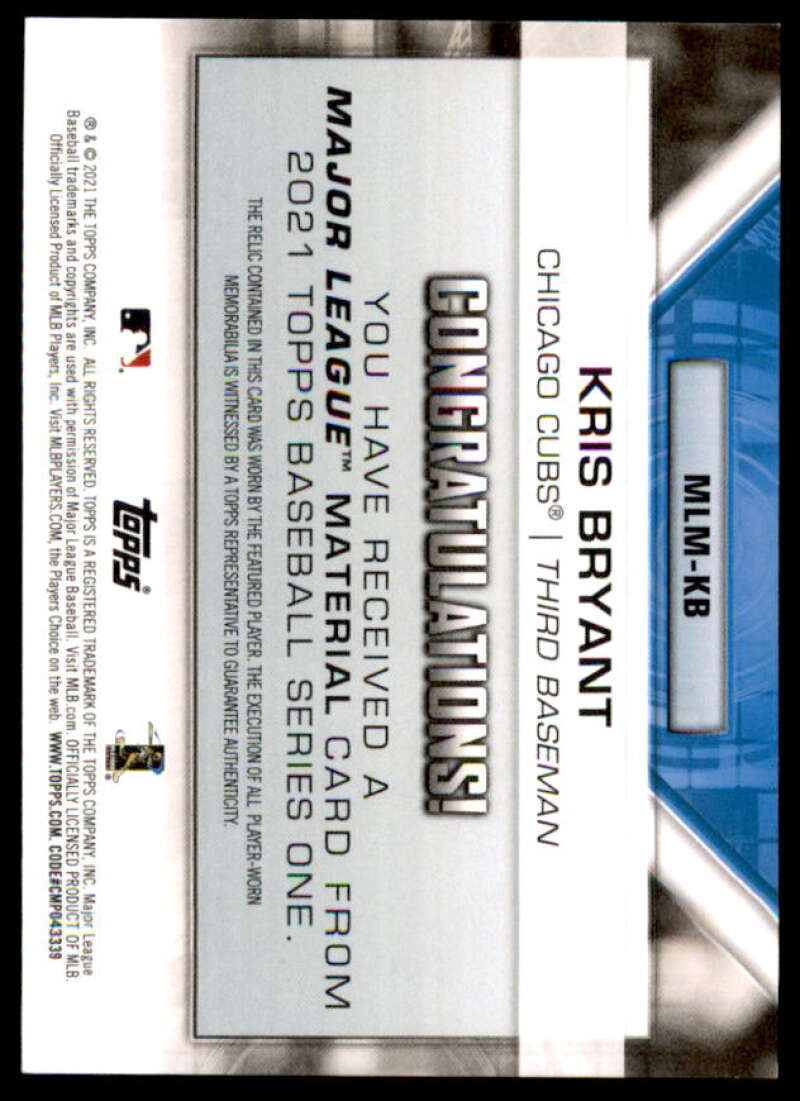 Kris Bryant Card 2021 Topps Major League Material Relics #MLMKB  Image 2