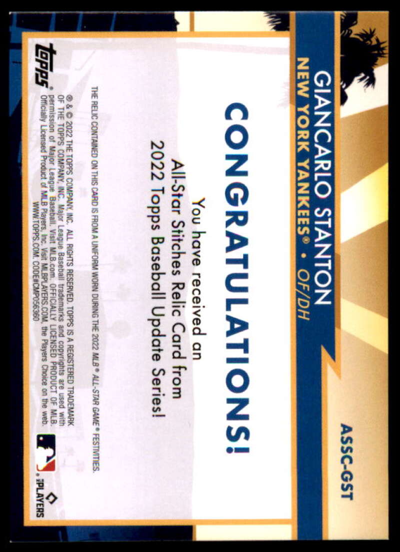 Giancarlo Stanton Card 2022 Topps Update All Star Stitches #ASSCGST  Image 2