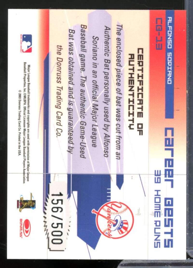 Alfonso Soriano HR Bat Card 2003 Donruss Elite Career Bests Materials #13  Image 2