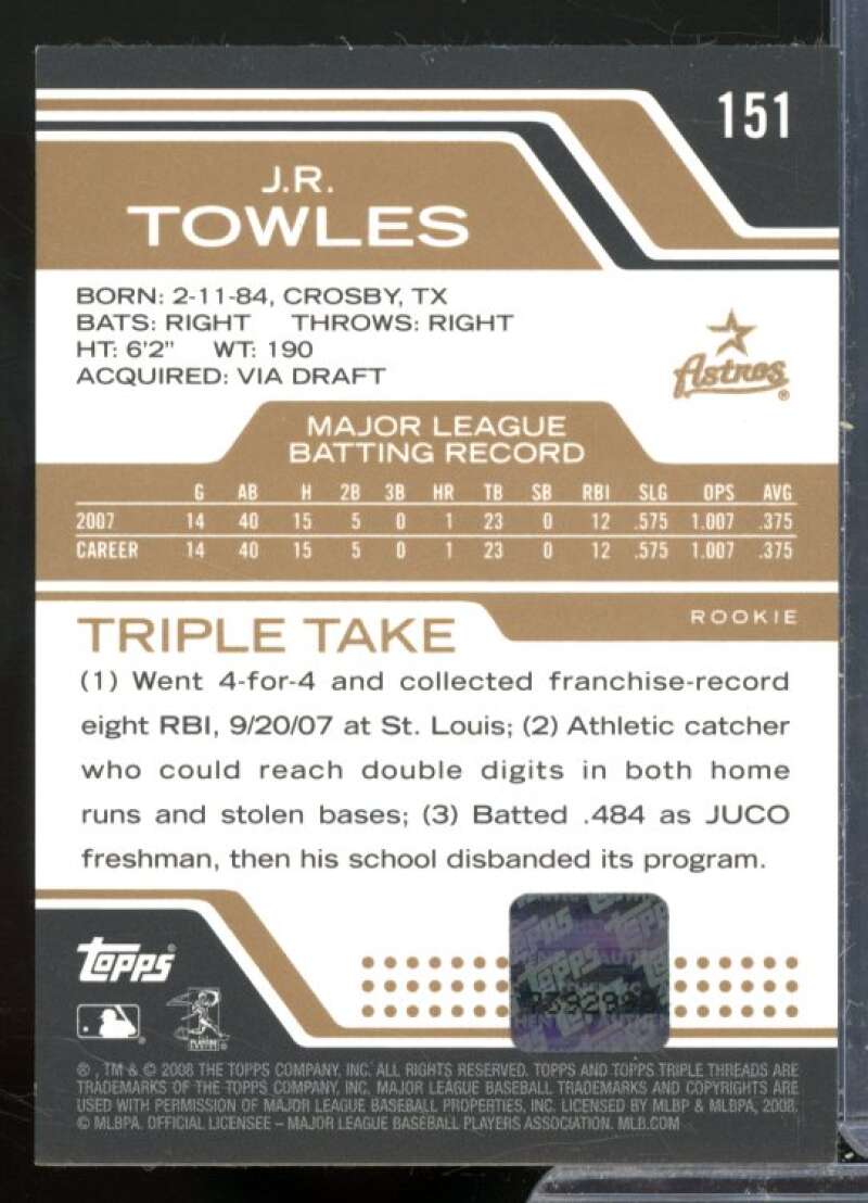 J.R. Towles Jsy AU Rookie Card 2008 Topps Triple Threads Gold #151a  Image 2