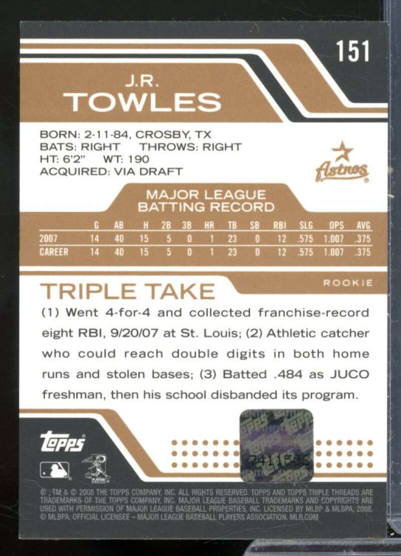 J.R. Towles Jsy AU Rookie Card 2008 Topps Triple Threads Sepia #151a  Image 2