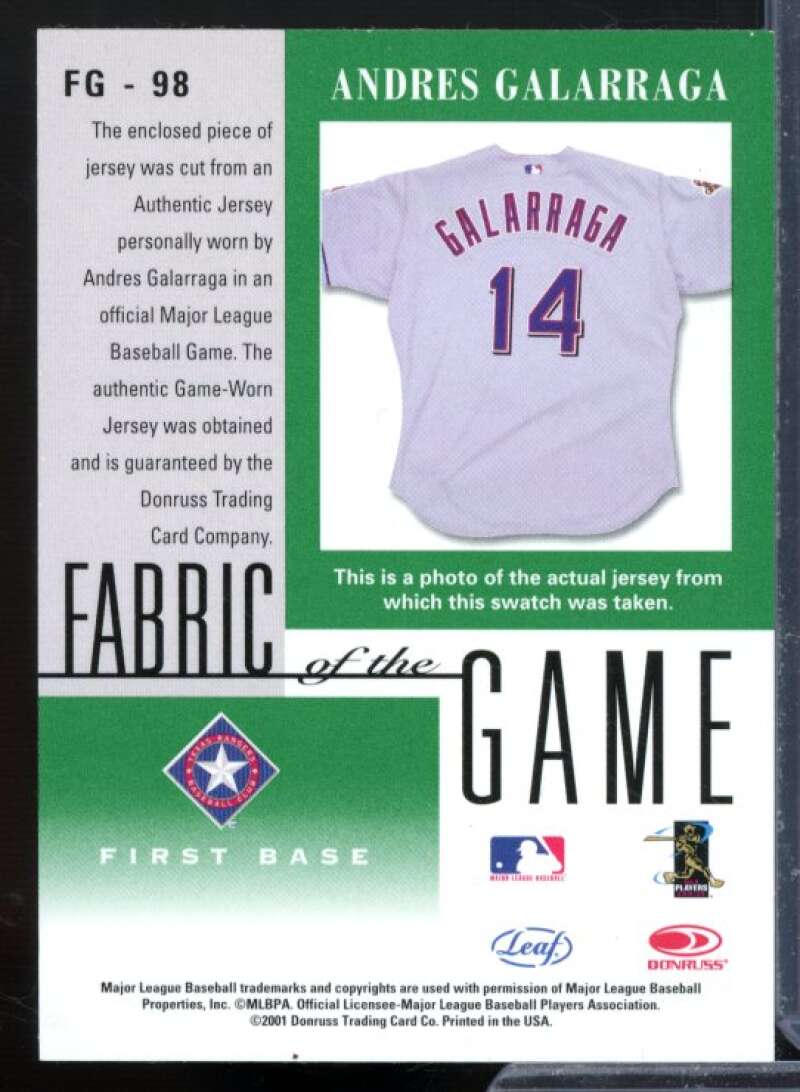 Andres Galarraga Card 2001 Leaf Certified Materials Fabric of the Game #98BA  Image 2