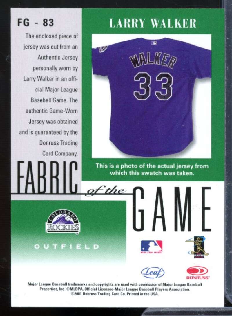 Larry Walker Card 2001 Leaf Certified Materials Fabric of the Game #83BA  Image 2