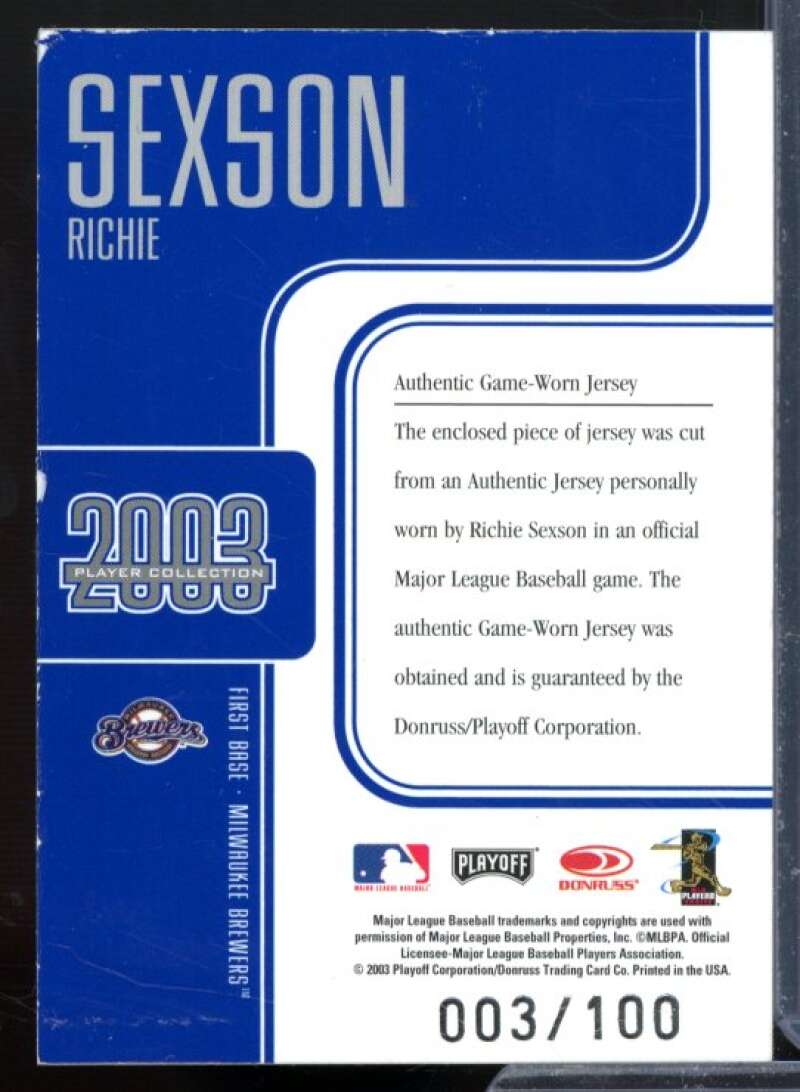 Richie Sexson Jsy Card 2003 Playoff Piece of the Game Player Collection #84  Image 2