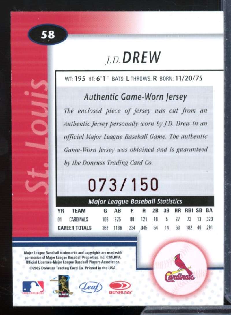 J.D. Drew Jsy Card 2002 Leaf Certified Mirror Red #58  Image 2