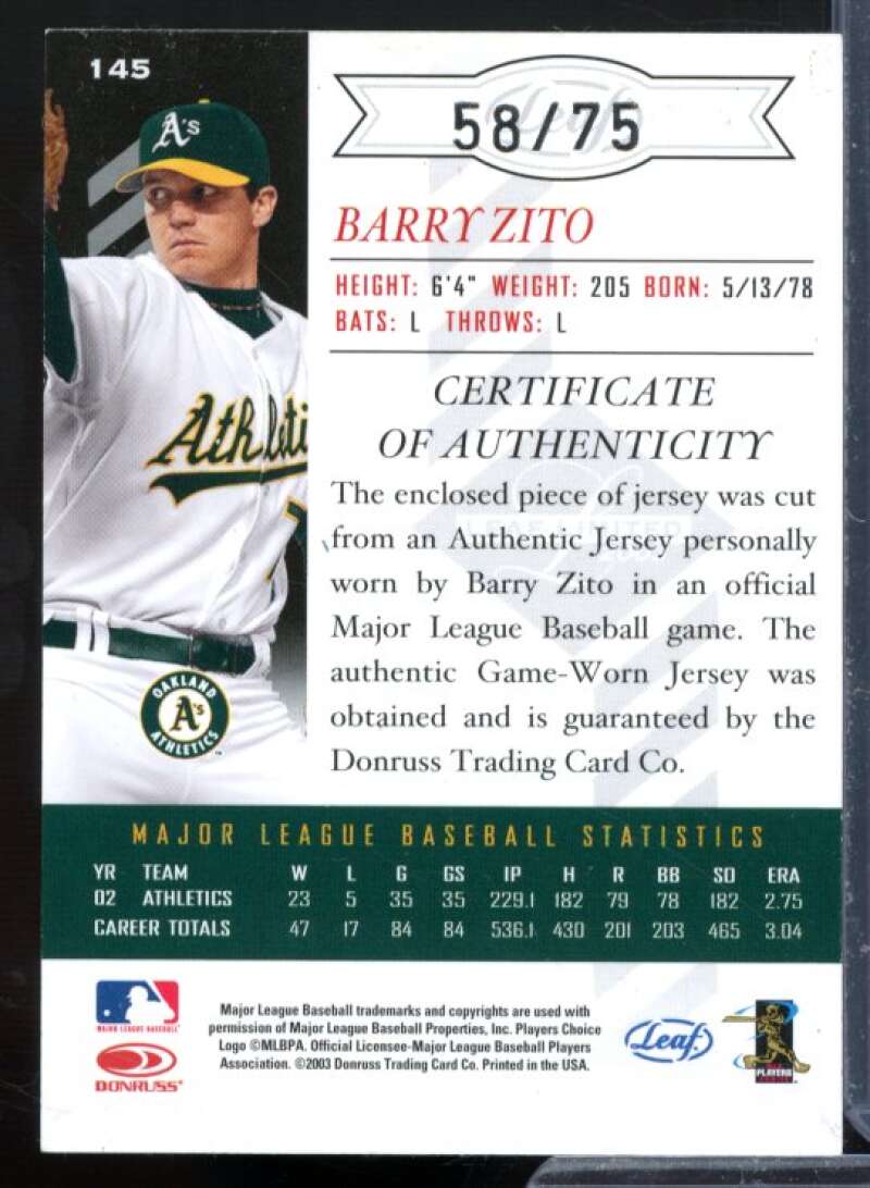 Barry Zito H Card 2003 Leaf Limited Threads Number #145  Image 2