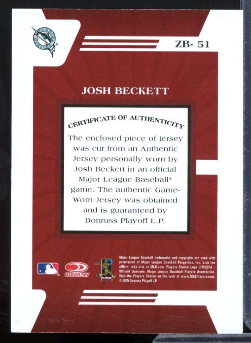 Josh Beckett T2 Card 2005 Zenith Z-Jerseys #51  Image 2