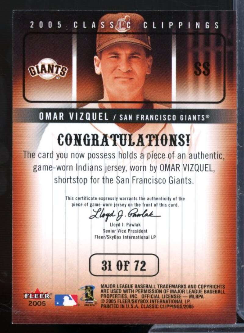 Omar Vizquel Card 2005 Classic Clippings MLB Game Worn Jersey Collection #31  Image 2