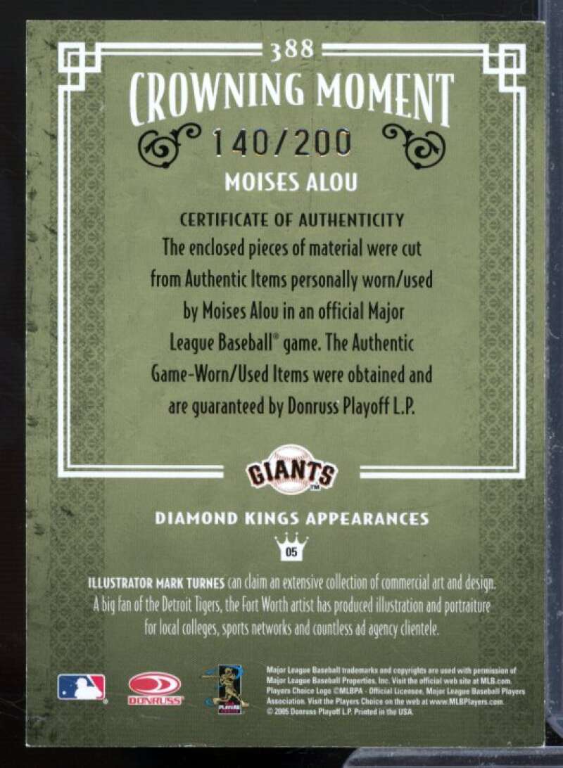 Moises Alou Bat-Bat Card 2005 Diamond Kings Materials Bronze #388  Image 2
