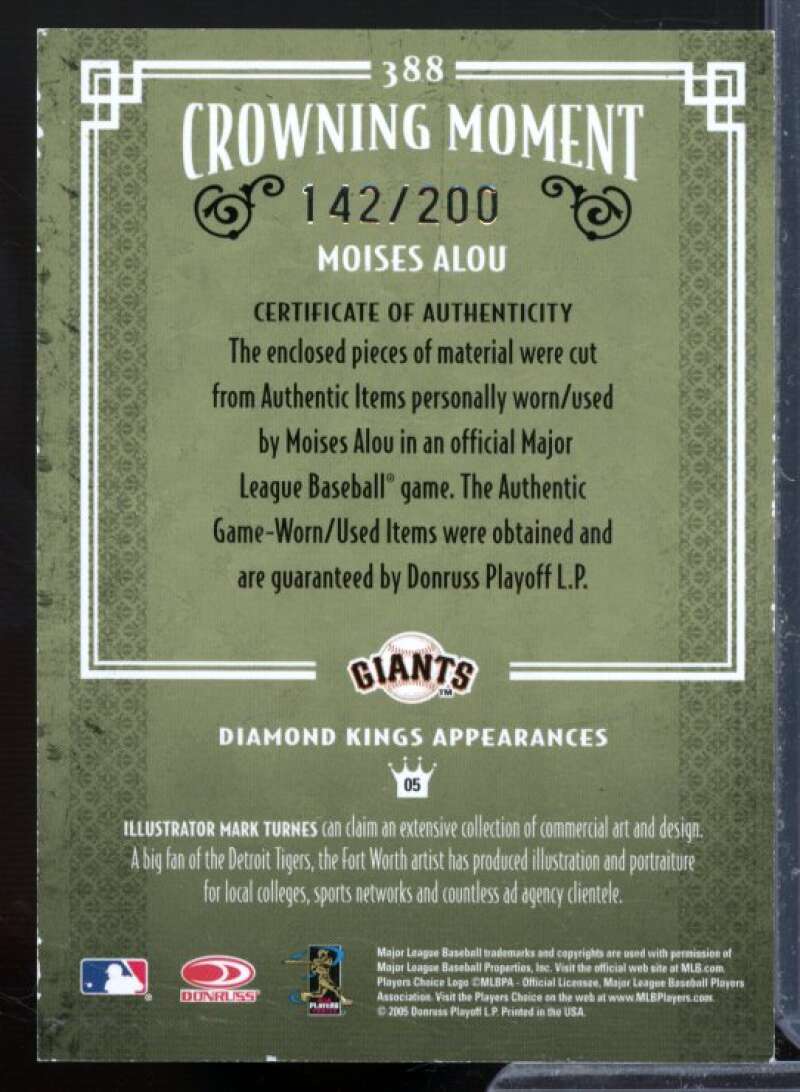 Moises Alou Bat-Bat Card 2005 Diamond Kings Materials Bronze #388  Image 2