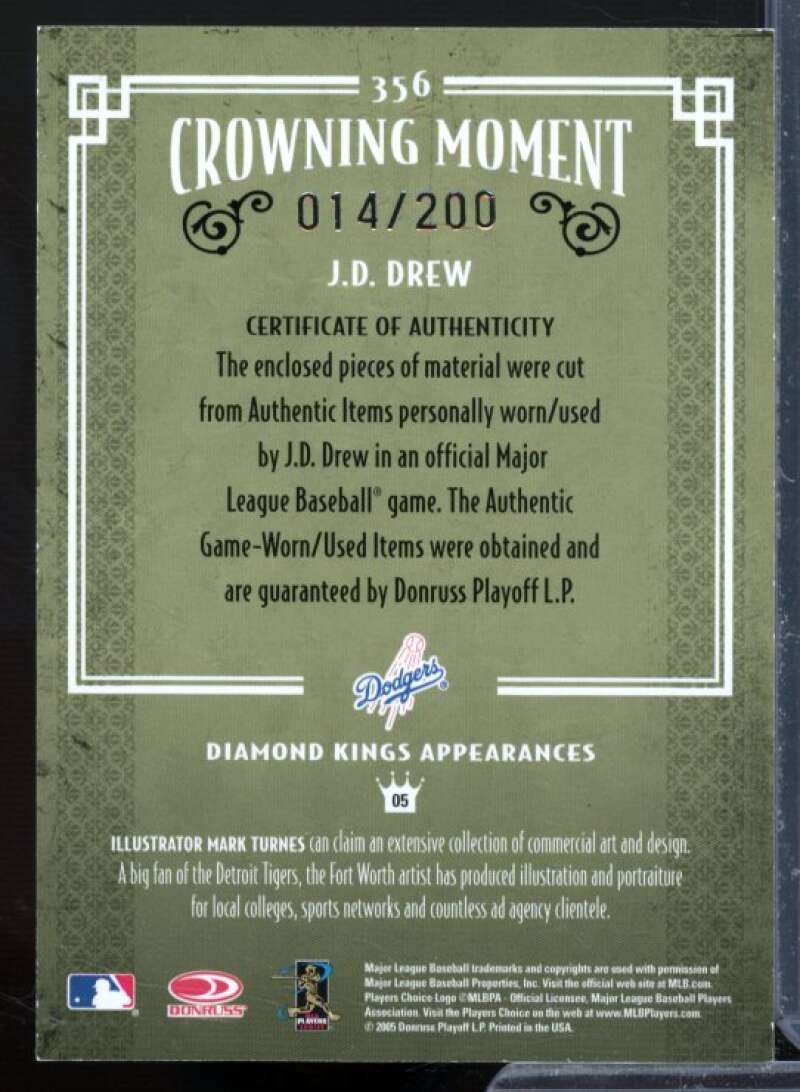 J.D. Drew Bat-Bat Card 2005 Diamond Kings Materials Bronze #356  Image 2