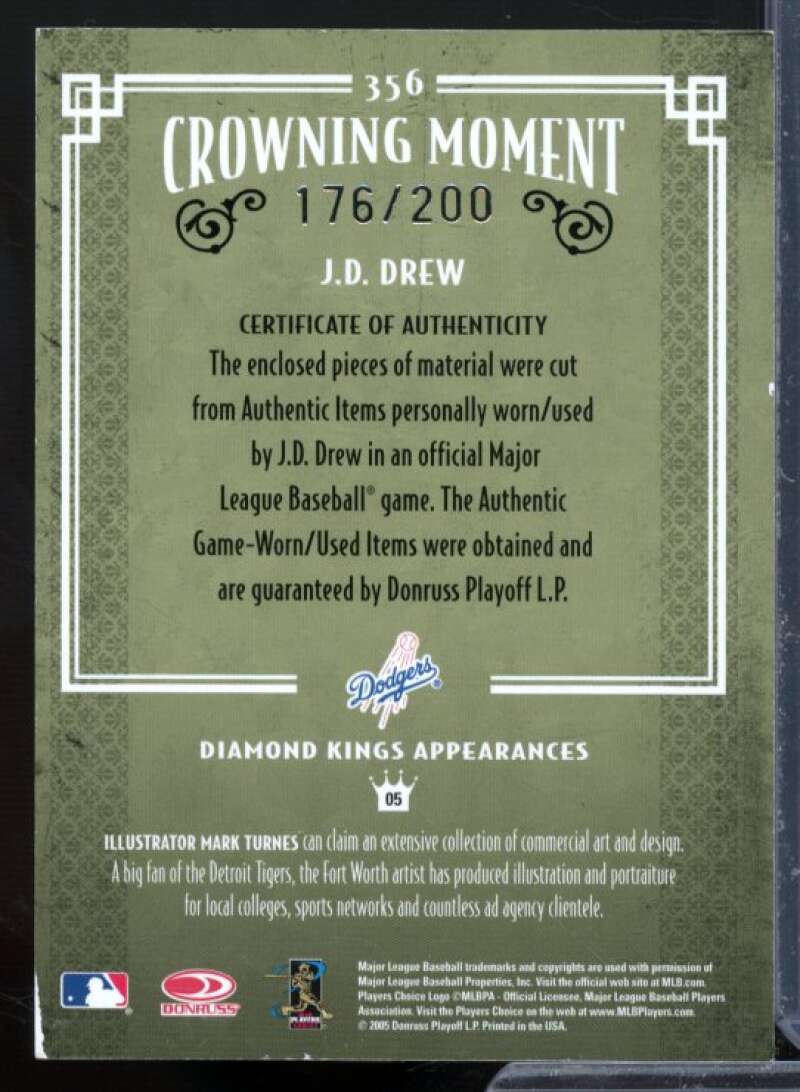 J.D. Drew Bat-Bat Card 2005 Diamond Kings Materials Framed Red #356  Image 2