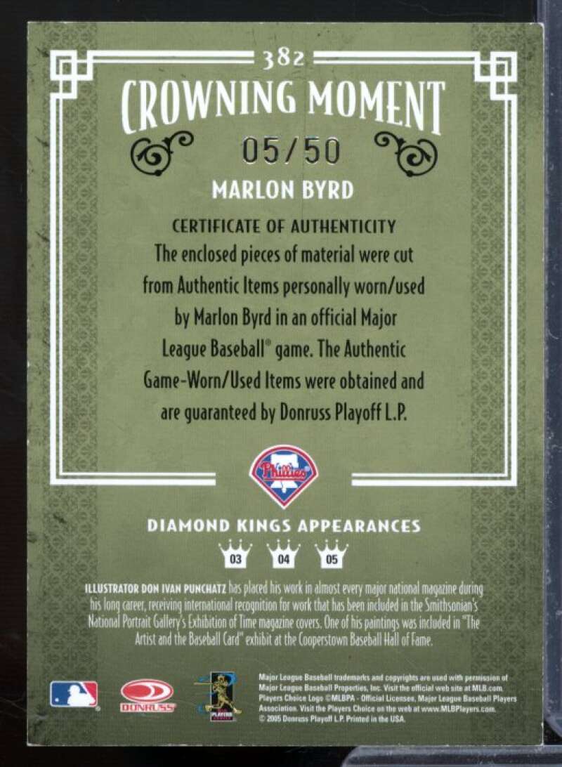 Marlon Byrd Bat-Jsy Card 2005 Diamond Kings Signature Materials Bronze #382  Image 2