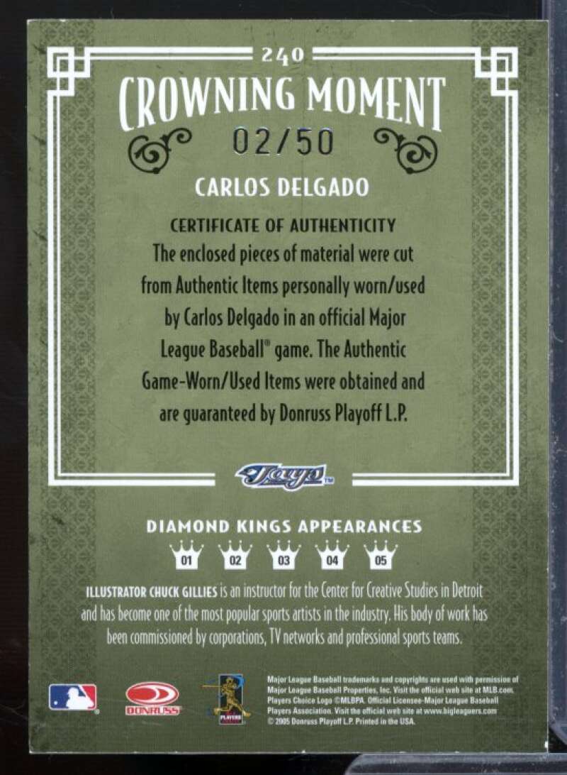 Carlos Delgado Bat-Jsy Card 2005 Diamond Kings Materials Framed Blue #240  Image 2
