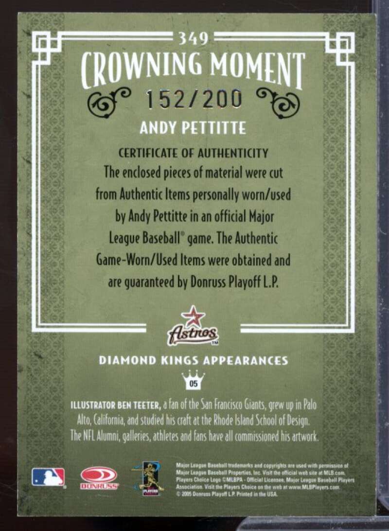 Andy Pettitte Bat-Jsy Card 2005 Diamond Kings Materials Bronze #349  Image 2