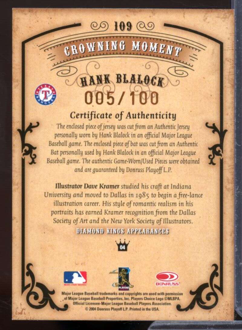 Hank Blalock Bat-Jsy Card 2004 Diamond Kings DK Materials Bronze #109  Image 2