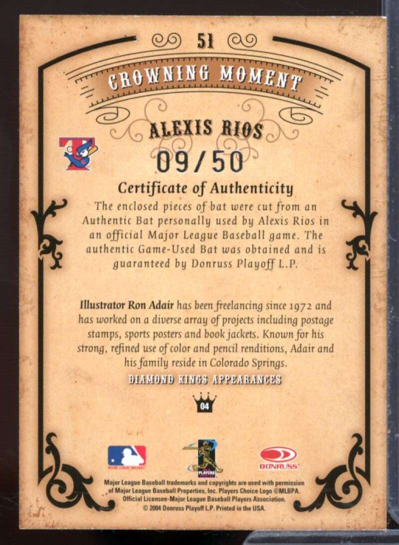 Alexis Rios Bat-Bat Card 2004 Diamond Kings DK Materials Framed Silver #51  Image 2