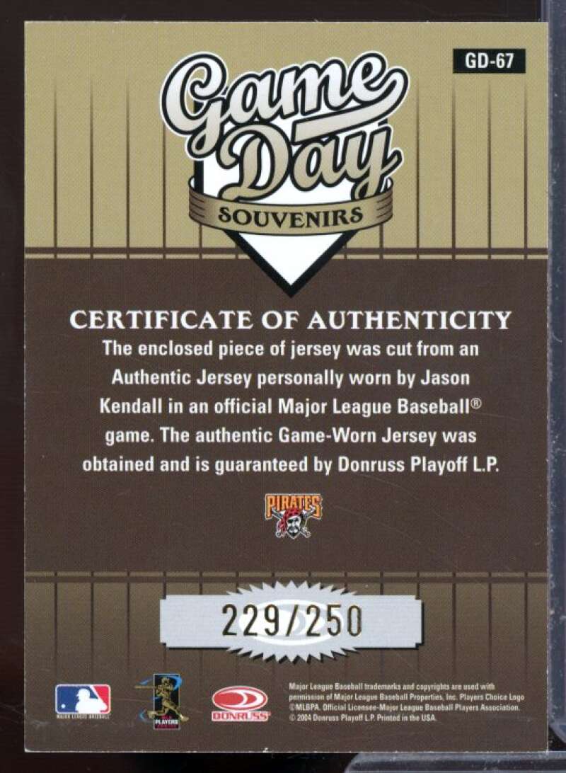 Jason Kendall Jsy Card 2004 Studio Game Day Souvenirs Position #67  Image 2