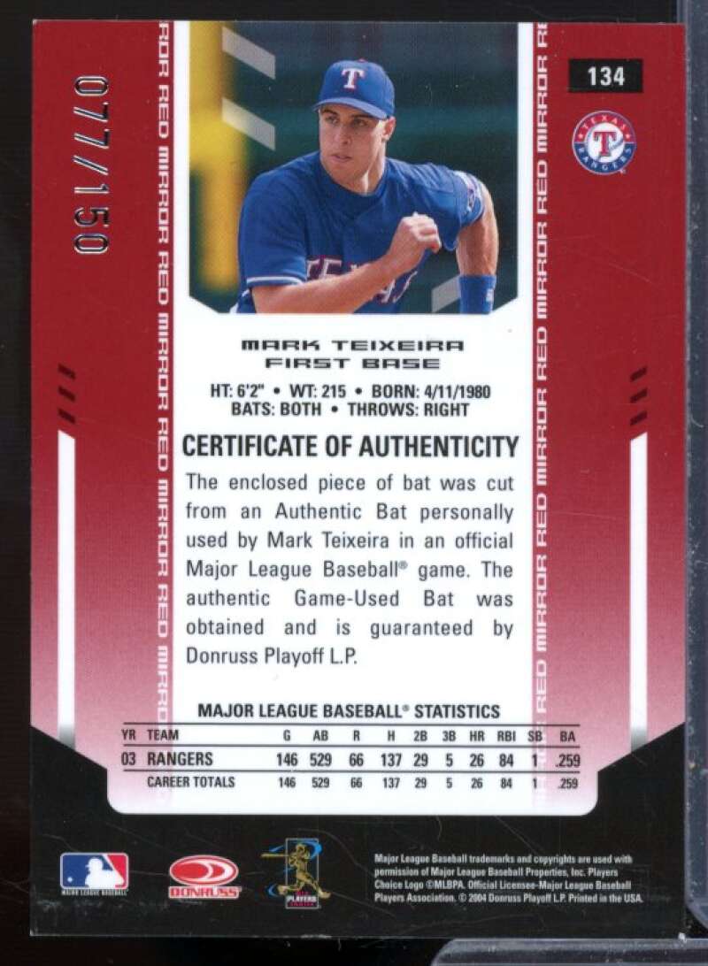 Mark Teixeira Card 2004 Leaf Certified Materials Mirror Bat Red #134  Image 2