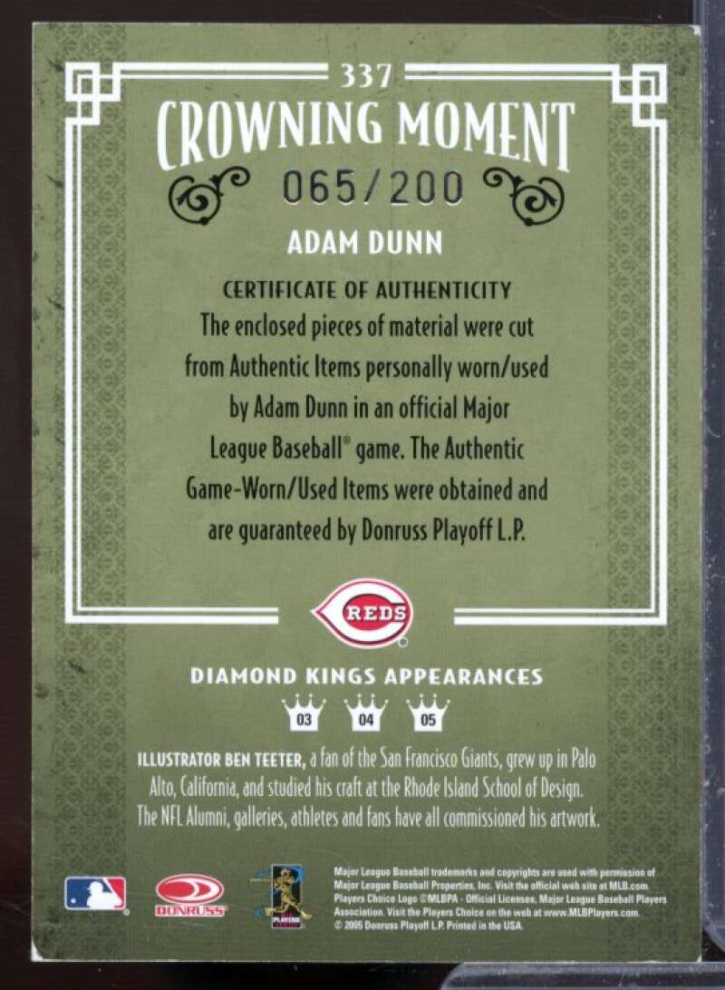 Adam Dunn Bat-Jsy Card 2005 Diamond Kings Materials Framed Red #337  Image 2