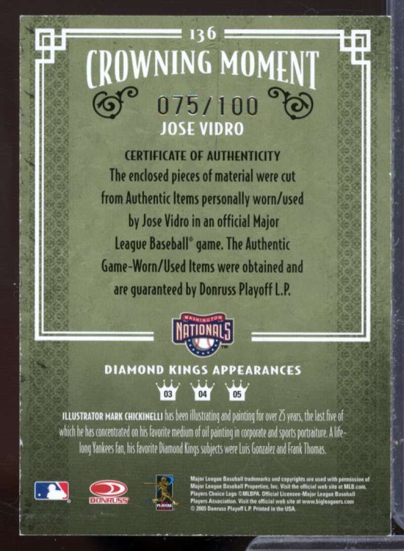 Jose Vidro Bat-Bat Card 2005 Diamond Kings Materials Bronze B/W #136  Image 2