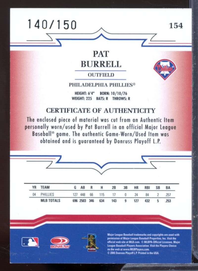 Pat Burrell Bat Card 2005 Throwback Threads #154  Image 2