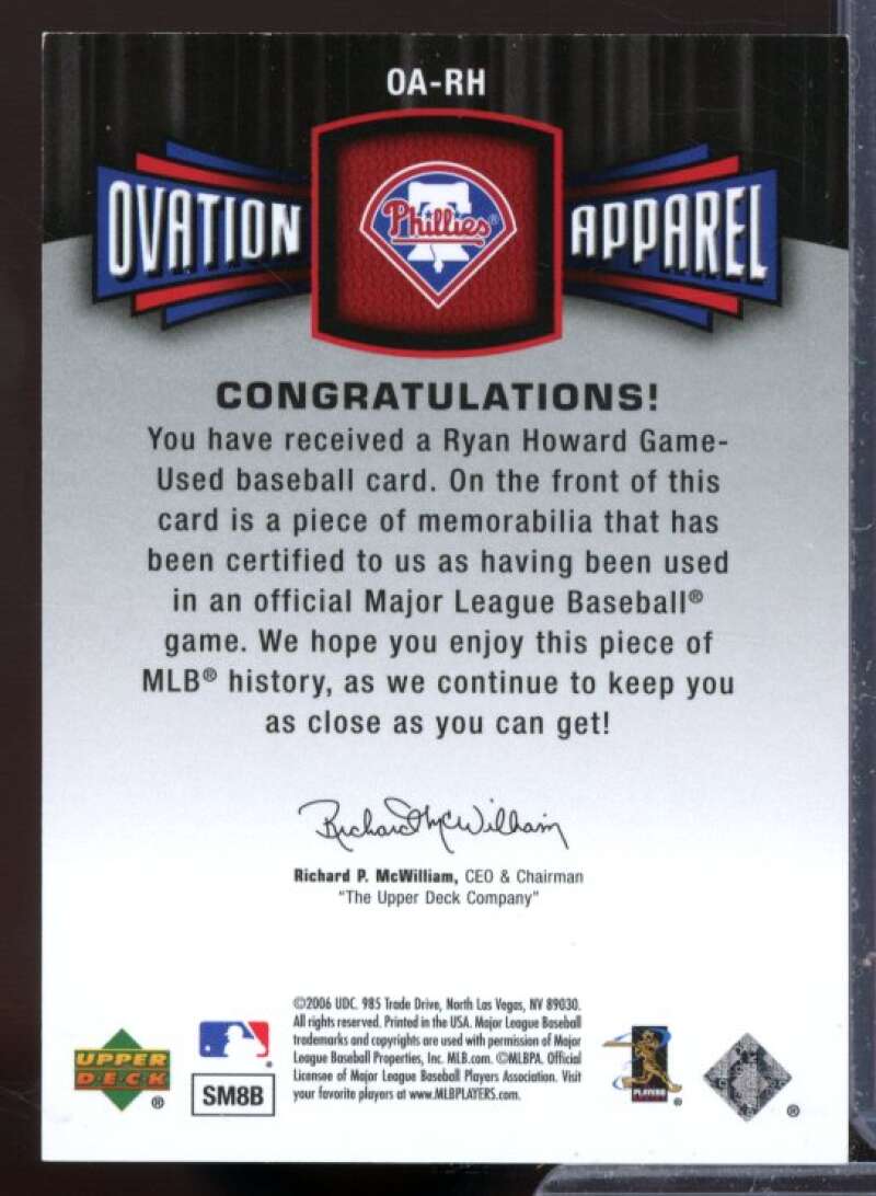 Ryan Howard Jsy Card 2006 Upper Deck Ovation Apparel #RH  Image 2