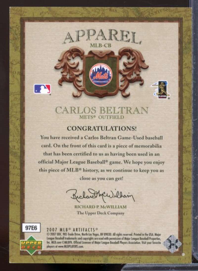 Carlos Beltran Card 2007 Artifacts MLB Apparel Limited #CB  Image 2