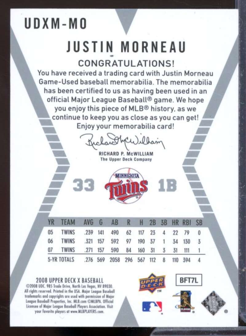 Justin Morneau Card 2008 Upper Deck X Memorabilia #MO  Image 2