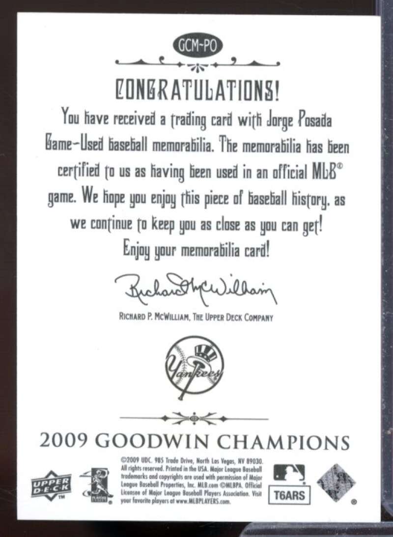 Jorge Posada Card 2009 Upper Deck Goodwin Champions Memorabilia #PO  Image 2