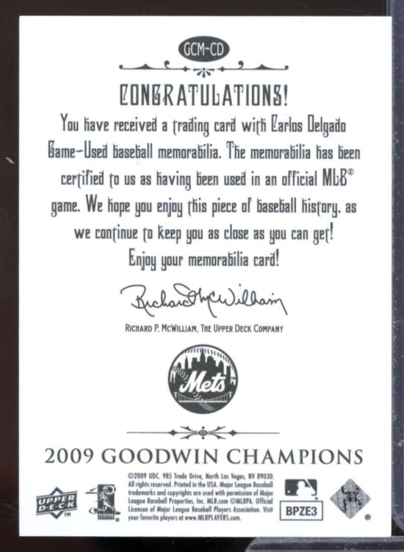 Carlos Delgado Card 2009 Upper Deck Goodwin Champions Memorabilia #CD  Image 2