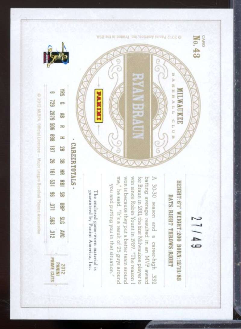 Ryan Braun Card 2012 Prime Cuts Century Silver #43  Image 2
