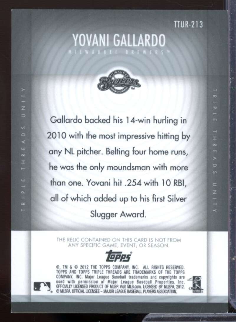 Yovani Gallardo Card 2012 Topps Triple Threads Unity Relics #UR213  Image 2