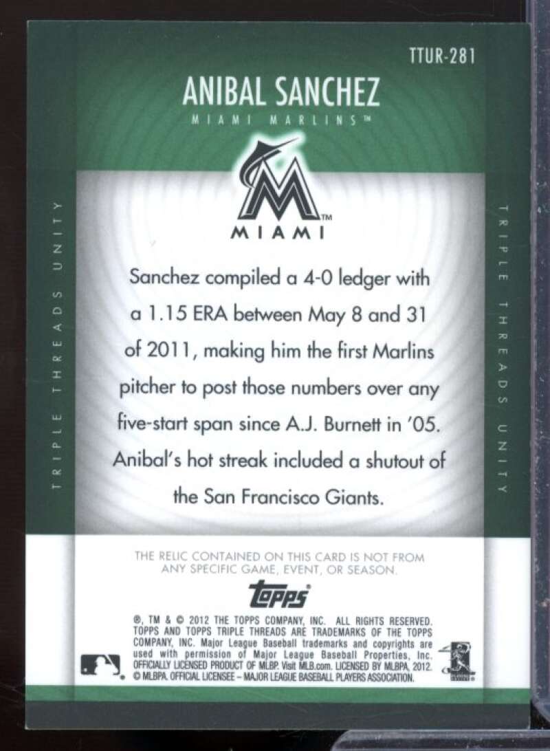 Anibal Sanchez Card 2012 Topps Triple Threads Unity Relics Emerald #UR281  Image 2