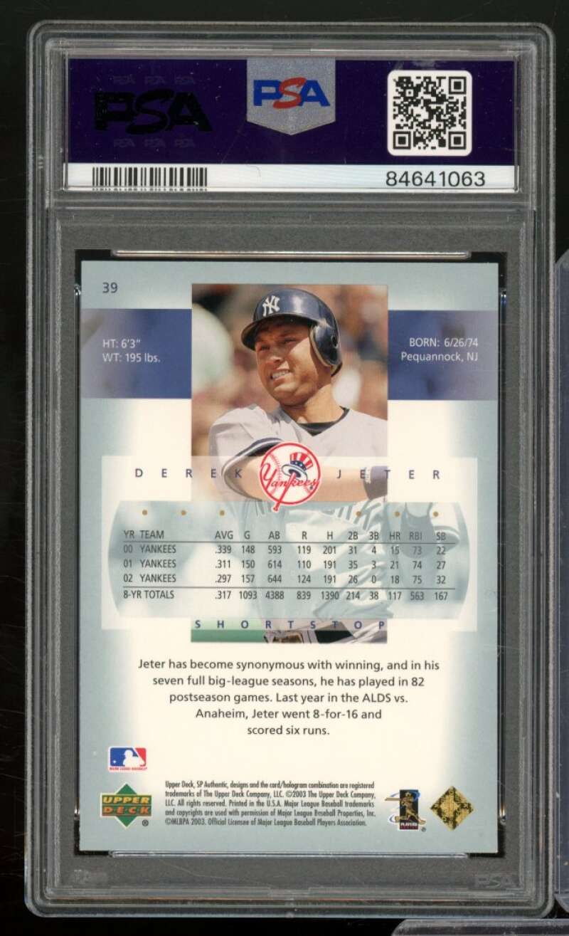 Derek Jeter Card 2003 SP Authentic #39 PSA 10 Image 2