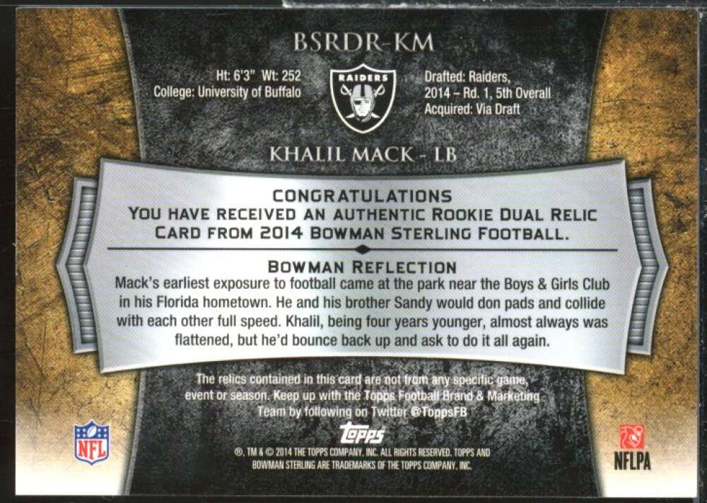 Khalil Mack Rookie Card 2014 Bowman Sterling Relics #BSRDRKM  Image 2