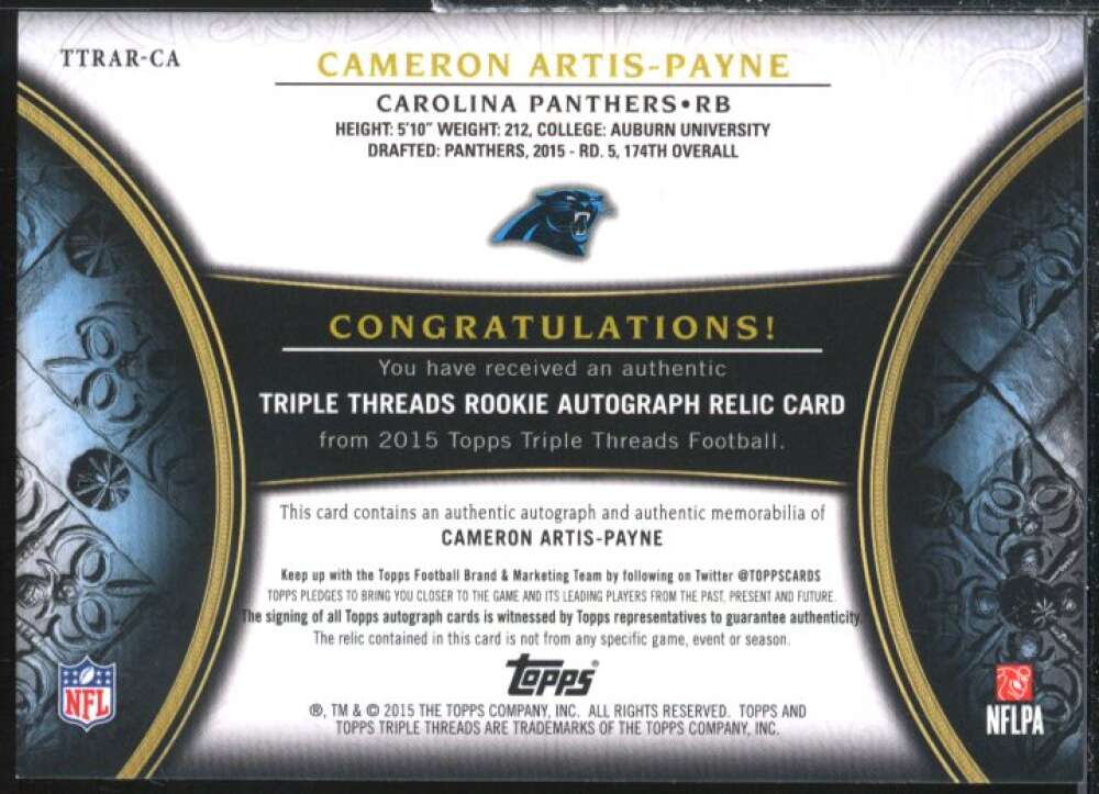 Cameron Artis-Payne 2015 Triple Threads Rookie Autograph Relics Emerald #TTRARCA  Image 2