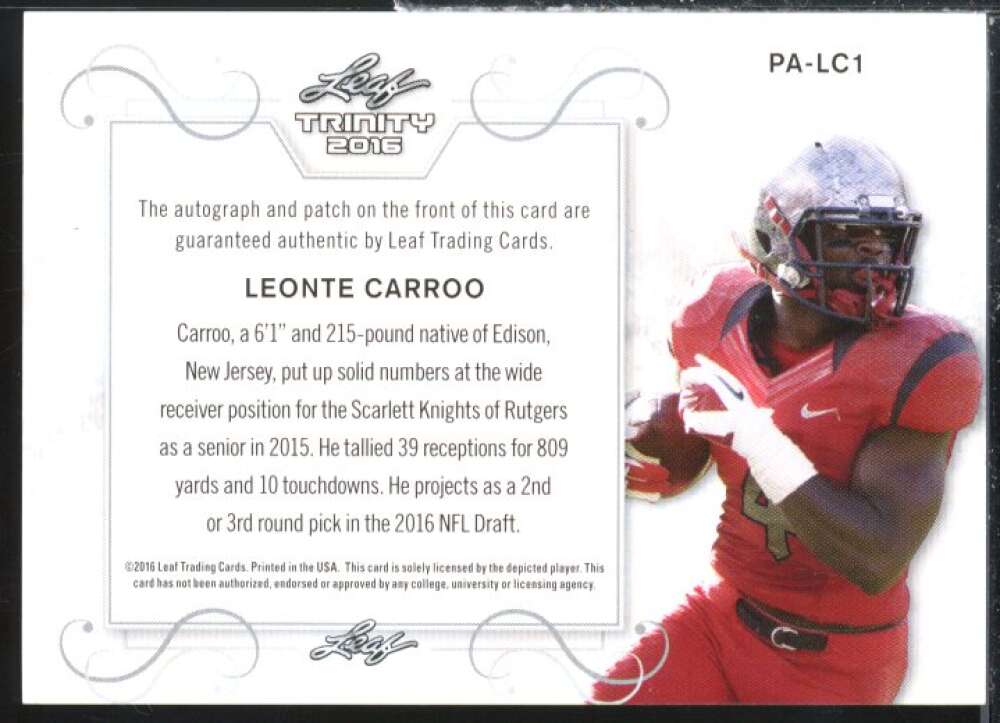 Leonte Carroo Rookie Card 2016 Leaf Trinity Patch Autographs Gold #PALC1  Image 2