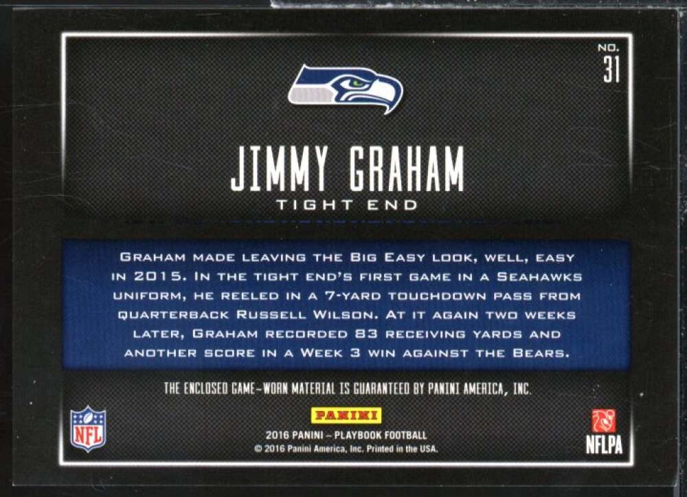 Jimmy Graham Card 2016 Panini Playbook Hot Routes Jerseys #31  Image 2