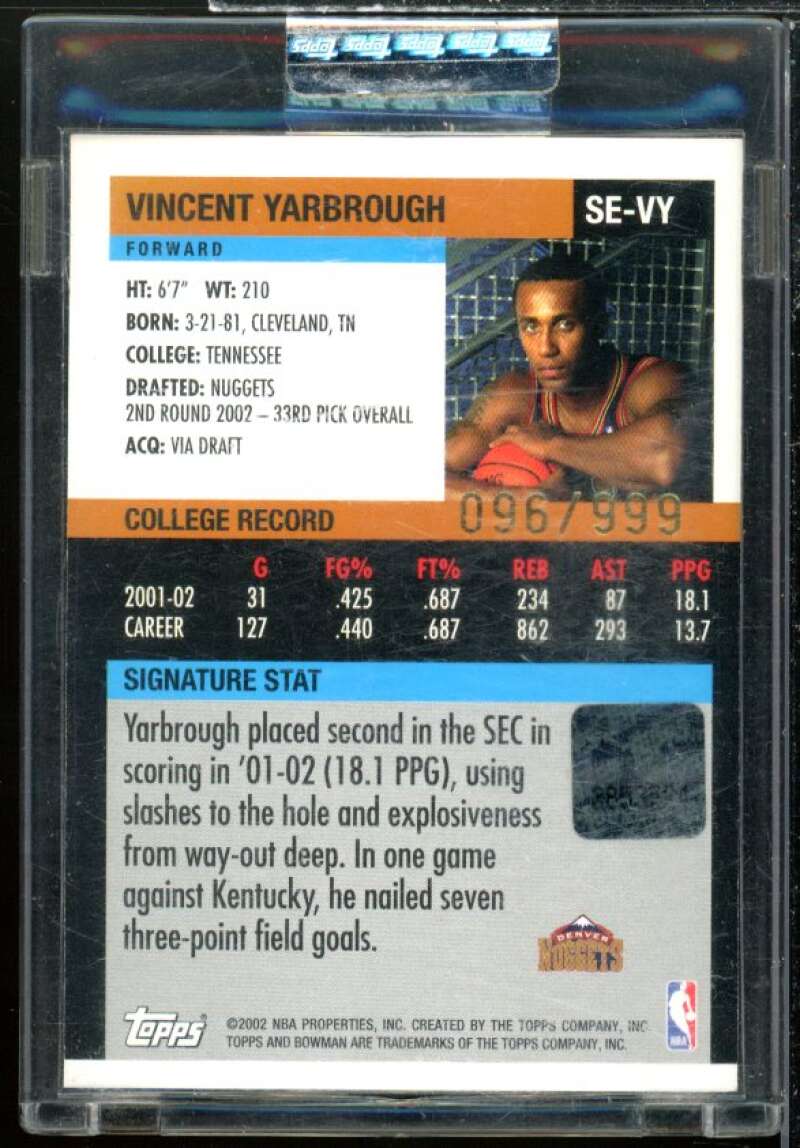 Vincent Yarbrough JSY AU Rookie Card 2002-03 Bowman Signature Edition #SEVY  Image 2