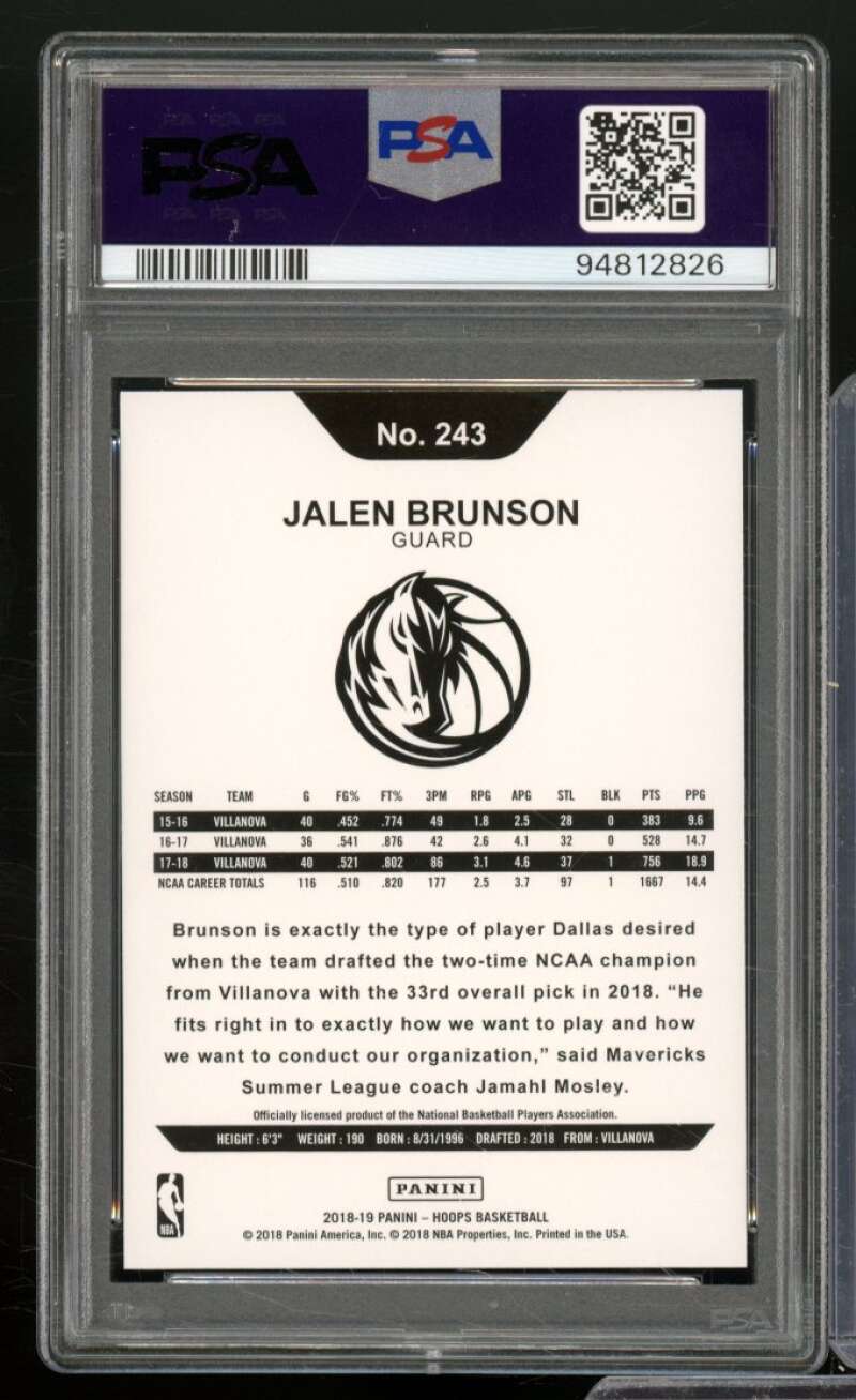 Jalen Brunson Rookie Card 2018-19 Panini Hoops Yellow (pop 3) #243 PSA 10 Image 2