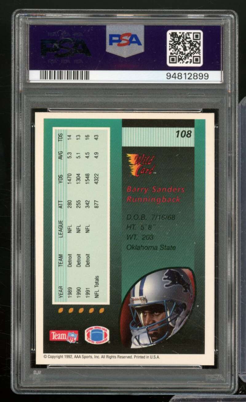 Barry Sanders Card 1992 Wild Card 5 Stripe (pop 5) #108 PSA 9 Image 2