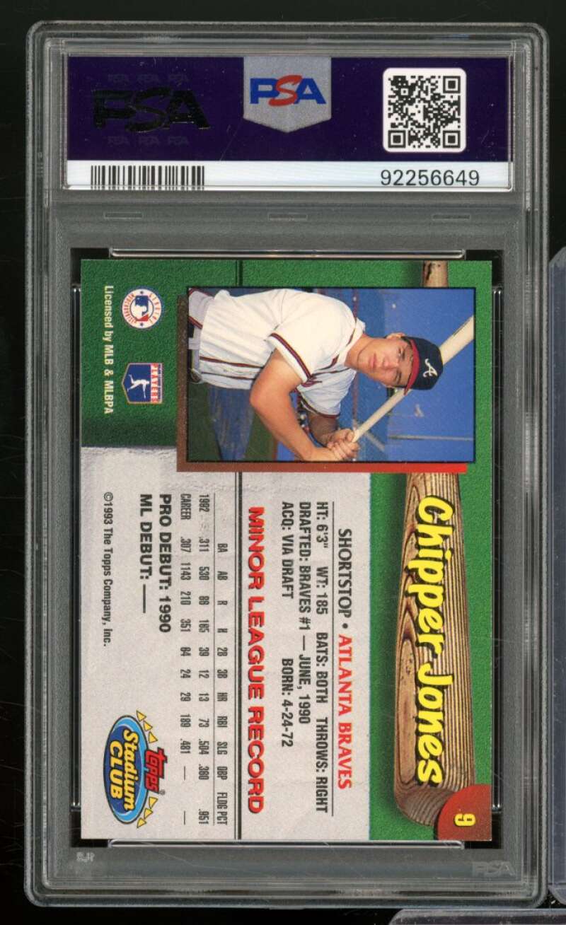 Chipper Jones Card 1993 Stadium Club Autograph #9 PSA/DNA Authentic Auto 10 Image 2