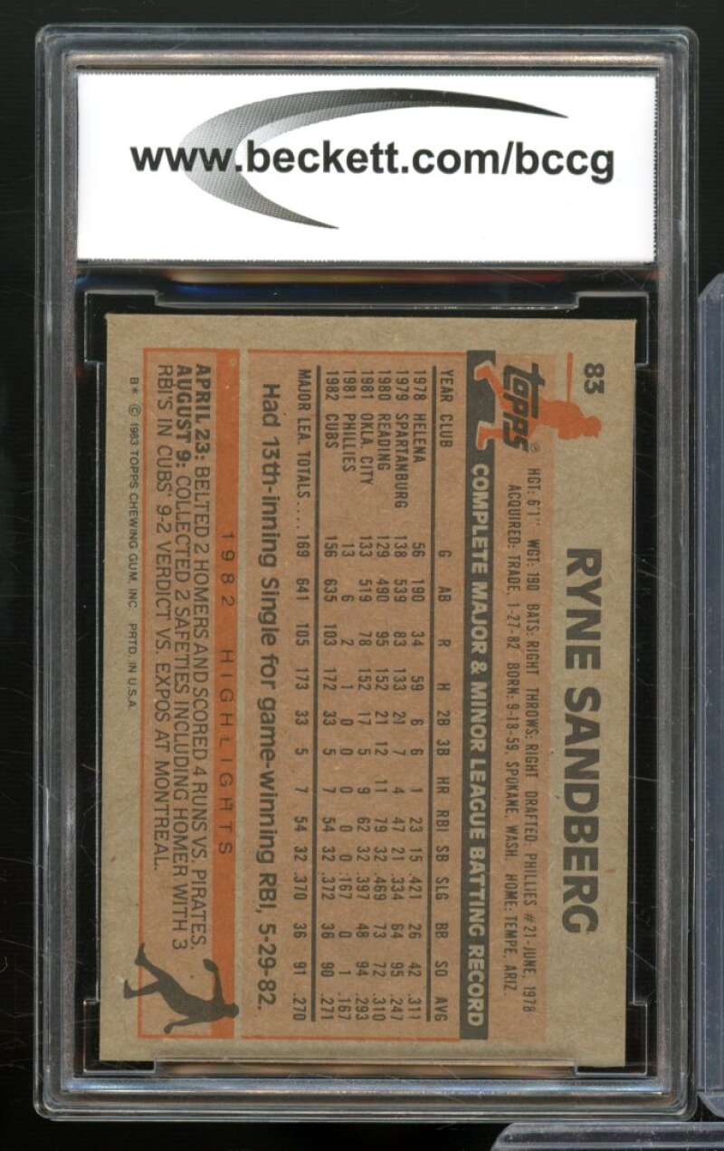 1983 Topps #83 Ryne Sandberg Rookie Card BGS BCCG 9 Near Mint+ Image 2