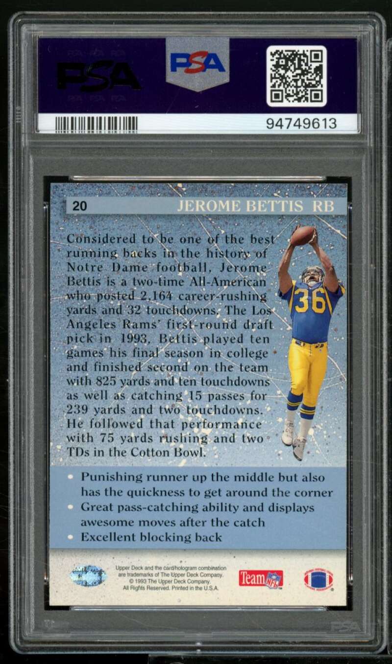 Jerome Bettis Rookie Card 1993 Upper Deck #20 PSA 9 Image 2