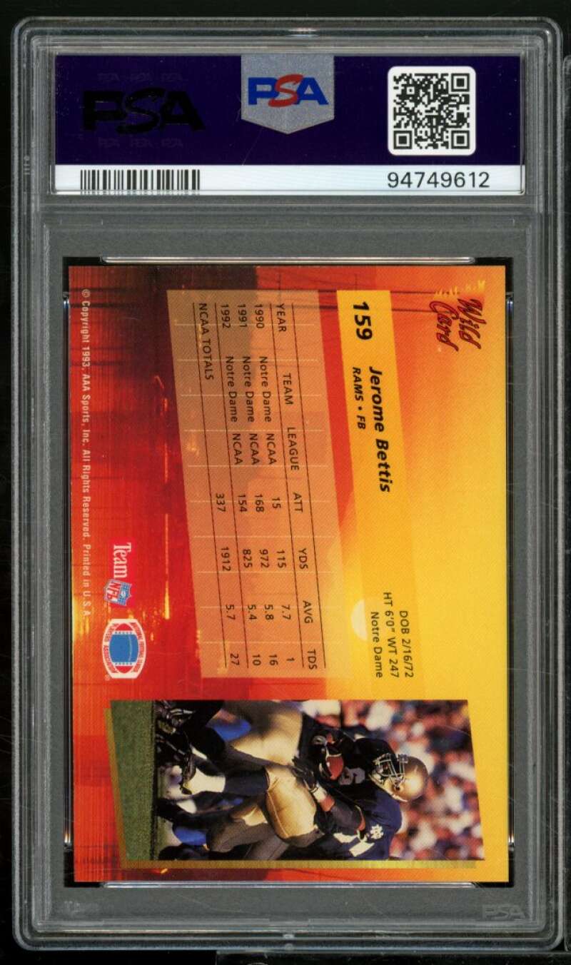 Jerome Bettis Rookie Card 1993 Wild Card #159 PSA 9 Image 2