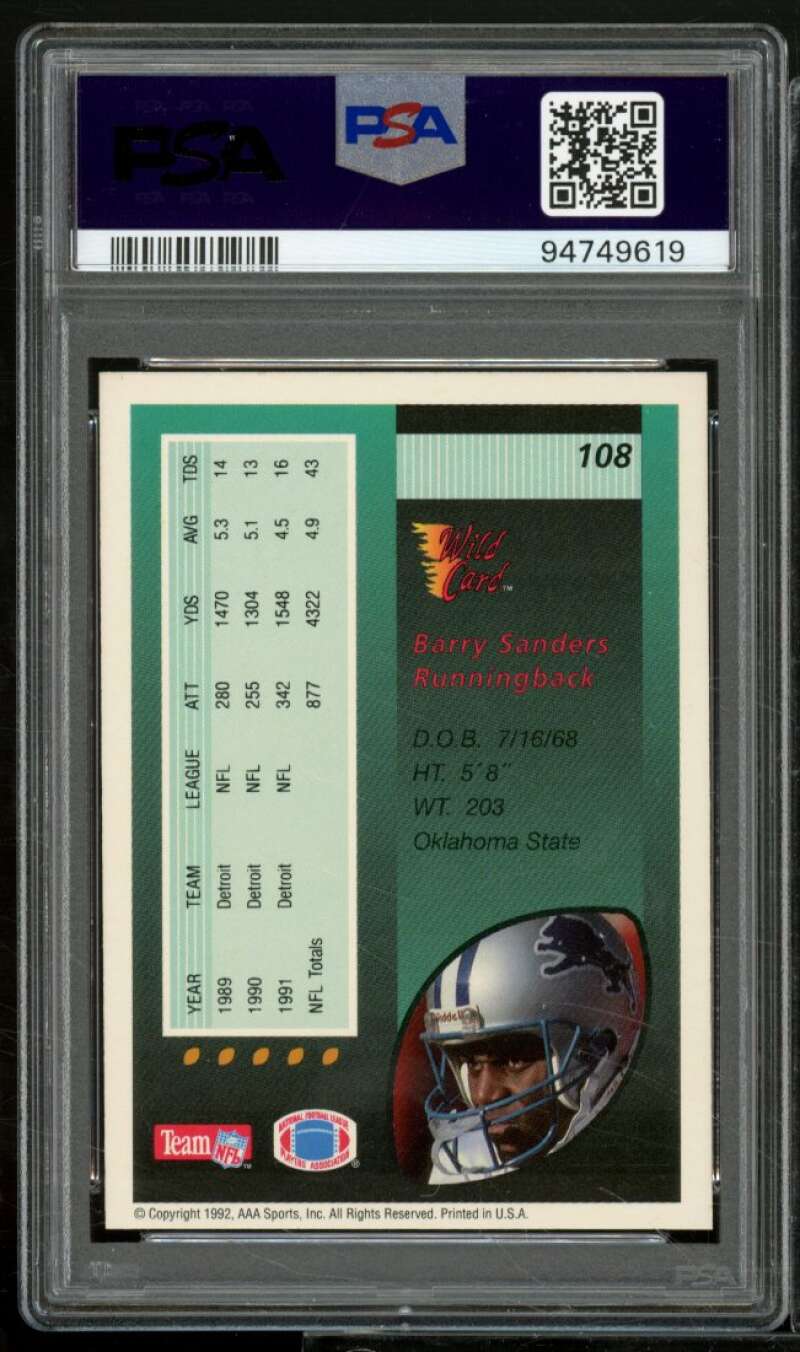 Barry Sanders Card 1992 Wild Card 5 Stripe (pop 6) #108 PSA 9 Image 2